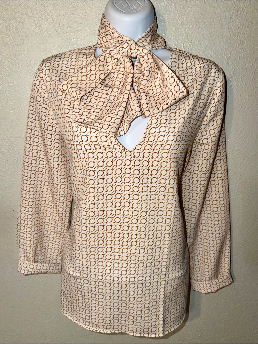 MNG by MANGO Bow Front Tie Chain Link Print Ling Sleeve Blouse Top Women’s Sz 2 - Picture 7 of 14